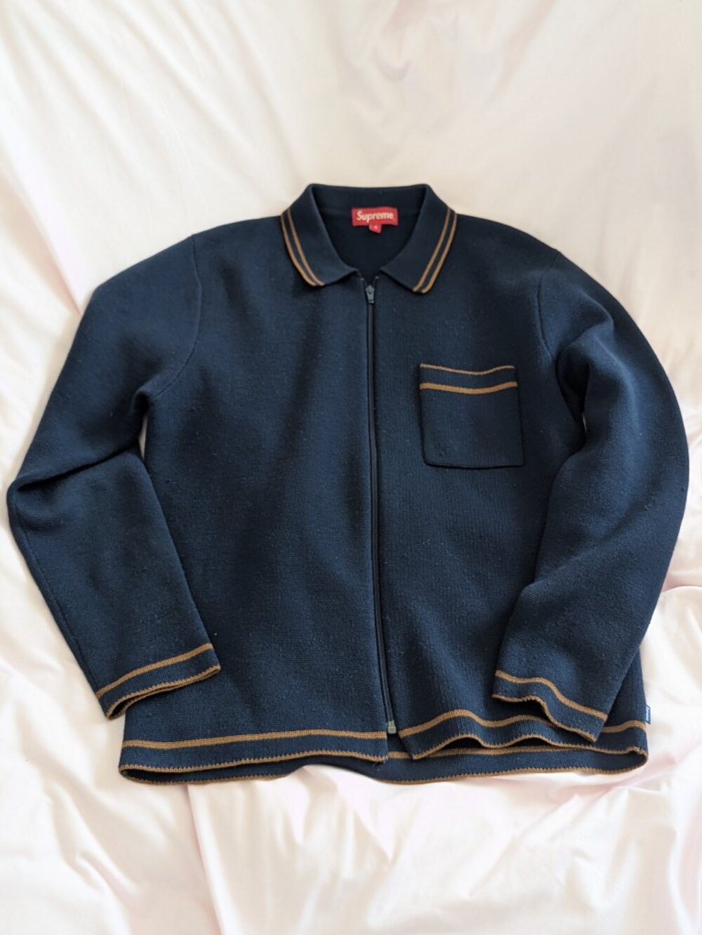 Supreme Navy Blue Striped Wool Full Zip Sweater Small